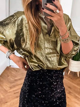 Shimmering gold metallic sleeve blouse with puffed sleeves and relaxed fit notched 3/4 sleeve blouse