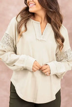 Notched crochet long sleeve sweatshirt with lace detailing for women
