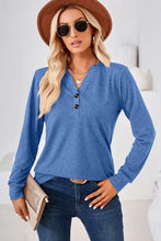 Notched long sleeve womens blue henley v-neck t-shirt