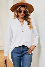 White notched long sleeve henley t-shirt with v-neck and two buttons