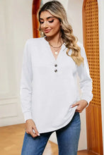 Women’s white notched long sleeve V-neck T-shirt with three buttons