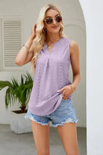 Lavender sleeveless notched neck curved hem tank with v-neck and delicate curved hem eyelet detailing
