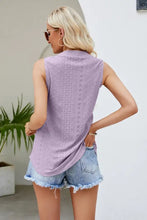 Lavender sleeveless tank with a high notched neck curved hem eyelet pattern for elegant summer wear