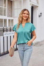 Notched Neck Flutter Sleeve Satin Top Woman T Shirts