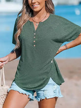 Notched short sleeve dark green V-neck T-shirt with side tie and buttons