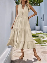 Notched Sleeveless Midi Tiered Dress Tan Casual Dresses