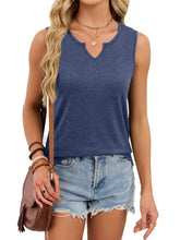 Blue heathered sleeveless notched solid color tank with v-neckline and subtle scalloped edge detail