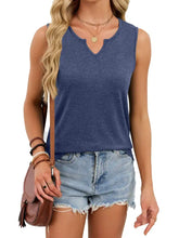Blue sleeveless notched solid color tank top with v-neckline and subtle heathered texture for casual wear