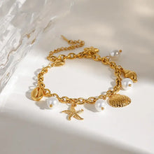 Ocean Theme Stainless Steel Chain Bracelet with Seashell and Starfish Pendants Bracelets