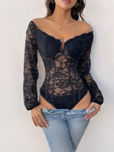 Black lace off-shoulder corset bodysuit with long sleeves and plunging neckline featuring delicate lace bodysuit design