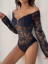 Black lace off-shoulder corset bodysuit with long sleeves and structured front panel featuring lace bodysuit design