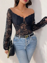 Black lace bodysuit off-shoulder with long sleeves featuring a structured corset top in lace material