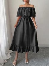 Off Shoulder Lace Maxi Dress with Ruffled Eyelet Detail