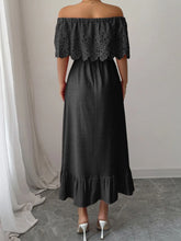 Off Shoulder Lace Maxi Dress with Ruffled Eyelet Detail