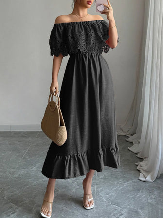 Off Shoulder Lace Maxi Dress with Ruffled Eyelet Detail Dark Gray