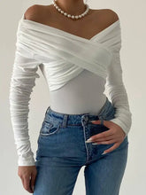 White off-shoulder long sleeve bodysuit with ruched detailing in soft fabric for stylish wear
