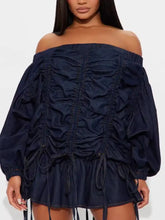 Dark blue denim off-shoulder ruched denim dress with drawstring ties and detailed ruching for a stylish look