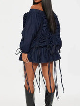 Navy blue off-shoulder ruched denim dress with ruched sleeves and fringed hem for stylish casual wear