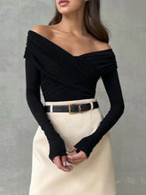 Black off-shoulder long sleeve bodysuit with ruched detailing designed for stylish and comfortable wear