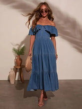 Blue denim shoulder ruffle tiered maxi dress with black fabric accents off shoulder ruffle denim dress