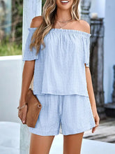 Light blue off-shoulder short sleeve top and shorts set with ruffles