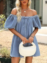 Light blue off-shoulder tie-front denim dress with puffy sleeves and drawstring neckline in denim fabric