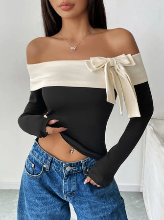 Off the Shoulder Black and Cream Bow Long Sleeve Top Black
