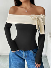 Off the Shoulder Black and Cream Bow Long Sleeve Top