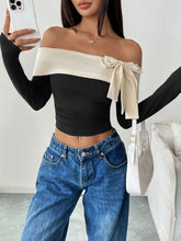 Off the Shoulder Black and Cream Bow Long Sleeve Top