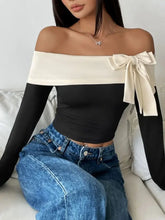 Off the Shoulder Black and Cream Bow Long Sleeve Top Woman T Shirts