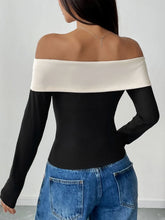 Off the Shoulder Black and Cream Bow Long Sleeve Top