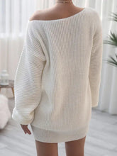 Off-the-shoulder white knit dress with long sleeve length