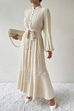 Off white balloon sleeve maxi dress with honey tied button waist