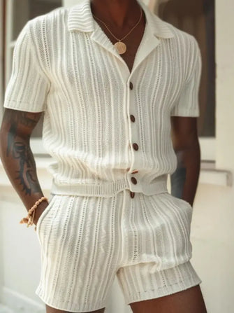 Off White Knit Shorts and Shirt Set for Men Ivory Mens Sets