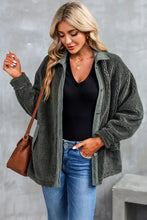 Olive green fuzzy cardigan with buttons, pockets, and sleeve length options