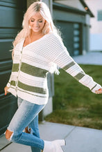 Olive Green and White Striped Cardigan Sweater with Tassels and Wooden Buttons