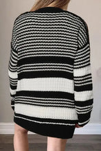 Olive green and white striped cardigan sweater with wooden buttons