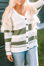 Olive green and white striped cardigan sweater with wooden buttons