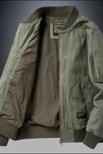 Open olive green baseball collar bomber jacket with zip