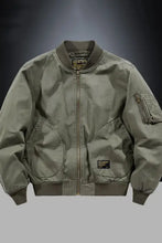Olive green baseball collar bomber jacket with zip and utility pocket