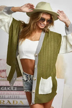 Olive Green Bibi Color Block Sweater Button Closure Cardigan