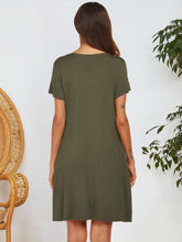 Olive Green Buttoned Short Sleeve Dress with Pockets and Moderate Stretch