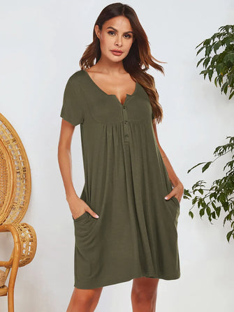 Olive Green Buttoned Short Sleeve Dress with Pockets and Moderate Stretch Army Green