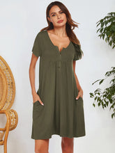 Olive Green Buttoned Short Sleeve Dress with Pockets and Moderate Stretch