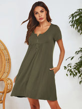 Olive Green Buttoned Short Sleeve Dress with Pockets and Moderate Stretch
