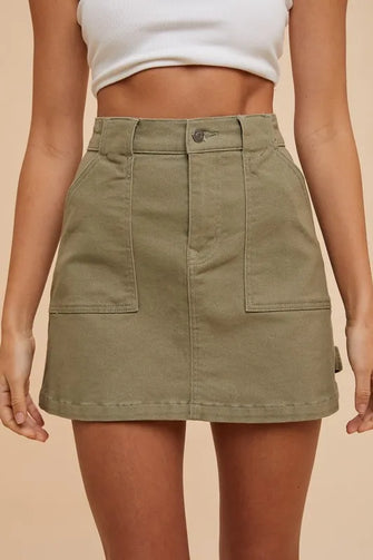 Olive Green Cargo Denim Mini Skirt with Utility Pockets Olive