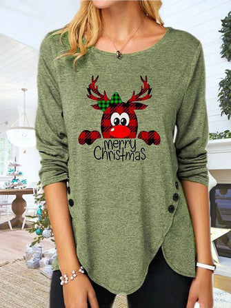 Olive Green Christmas Reindeer Long Sleeve Shirt for Women Matcha Green