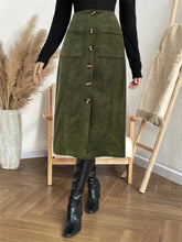 Olive Green Corduroy Button Front Skirt for Women