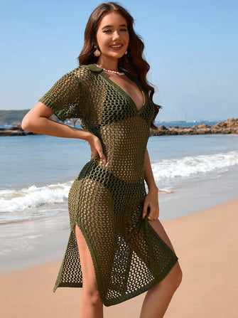 Olive Green Crochet Beach Cover Up Dress Matcha Green