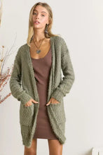 Olive green boucle fuzzy knit fabric cardigan with pockets